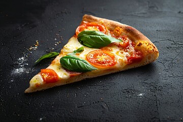 a slice of pizza with tomatoes and basil