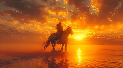 AI generated illustration of a cowboy on horseback riding through sandy dunes at sunset - obrazy, fototapety, plakaty