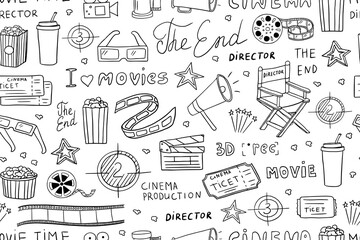 Seamless pattern of film strips, popcorn, cinema flapper, director's chair, cinema tape, 3D glasses, cinema ticket in doodle style. Vector illustration. Hand drawn
