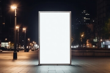 A Mockup of a blank white vertical advertising banner billboard stand on the city square at night.