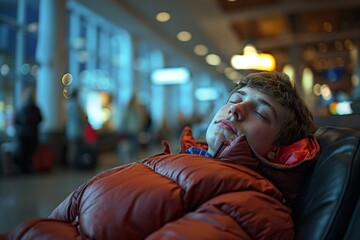 Sleeping young man resting on a couch at the airport, AI-generated.
