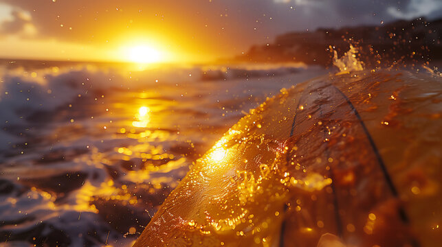 Surfboard on the Shore: Glistening Sea Spray at Sunset with Vivid Orange Skies, AI-Generated