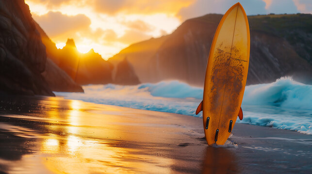 Surfboard Standing Tall: Waves and Rock Formations Backlit by a Golden Sunset, AI-Generated