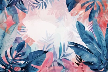 Watercolor illustration of a frame from tropical leaves with a white copy space on a center. AI generated - 781199735