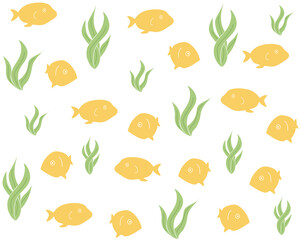 8Seamless pattern with yellow fish and green algae. Suitable for design and printing on fabric. Vector illustration isolated on white background in flat style.