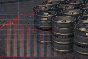 Beer production and sales market trend - Concept with graph and aluminum beer kegs