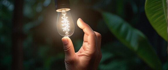 Hand holding light bulb against nature on leaf with energy source - obrazy, fototapety, plakaty
