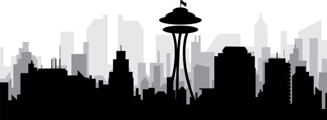 Black cityscape skyline panorama with gray misty city buildings background of SEATTLE, UNITED STATES