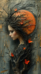 An Ethereal Nymph Whose Tree-like Texture Harmonizes with Vibrant Butterflies, Capturing the Essence of an Enchanted Wood