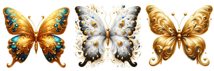White golden blue butterfly, luxury gold butterfly