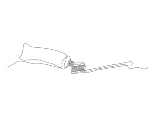 abstract toothbrush and toothpaste, continuous single line art hand drawing sketch