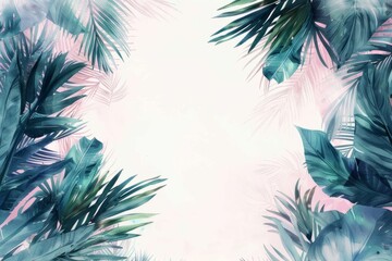 Watercolor illustration of a frame from tropical leaves with a white copy space on a center. AI generated - 781201139