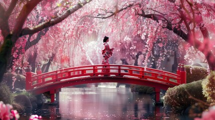 A woman is walking across a red bridge over a river - obrazy, fototapety, plakaty
