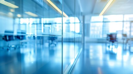 A blurry shot of a professional business meeting room with chairs and tables