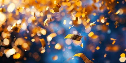 A cascade of gold confetti falling from the sky in an extravagant display - obrazy, fototapety, plakaty