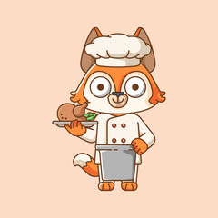 Cute fox chef cook serve food animal chibi character mascot icon flat line art style illustration concept cartoon