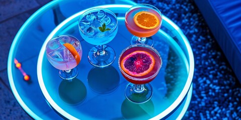 Overhead view of a glass plate holding various types of drinks