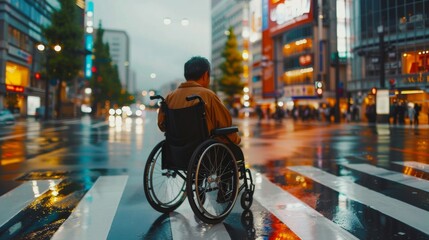 A man in a wheelchair navigating through a city street - obrazy, fototapety, plakaty