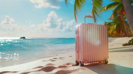 A pink suitcase is placed on a sandy beach