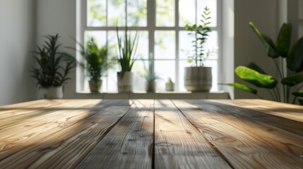 A wooden table holding potted plants in front of a window