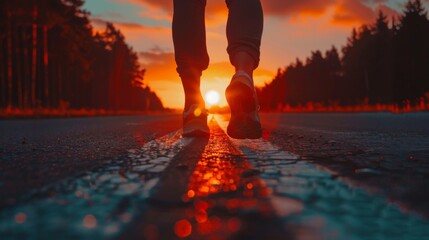 A person walking down a street at sunset, with blurred images of feet on the road - Powered by Adobe