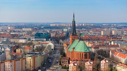 March skyline of Szczecin seen from a drone, highlighting the city's structures and the Oder. © Grzegorz