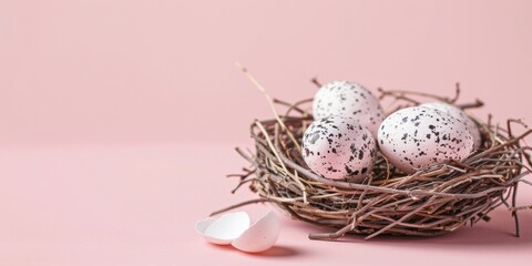 Obraz premium A nest containing three speckled eggs placed on a pink background