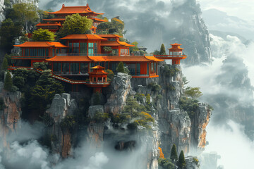 A mountaintop hotel accessible only by flying carpets, offering panoramic views of a cloud kingdom.