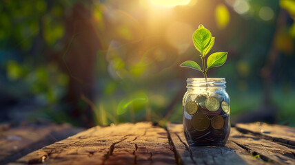 a jar with coins and a growing plant on a wooden table on a blurred background - obrazy, fototapety, plakaty