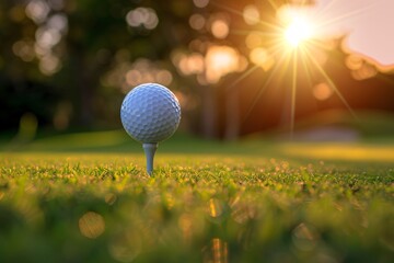 a golf ball on a tee in the grass - obrazy, fototapety, plakaty