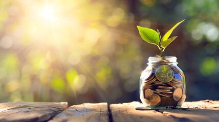 a jar with coins and a growing plant on a wooden table on a blurred background - obrazy, fototapety, plakaty