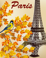 Autumn leaves and eiffel tower.Colored vector illustration with autumn leaves, bird and eiffel tower on a colored background.