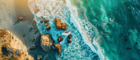 Beautiful aerial view of turquoise water and rocks at the beach