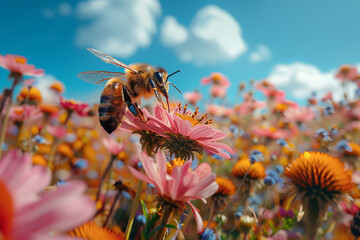 A photo of the moment a bee and a flower first touch, a cosmic collision that sparks the cycle of li - obrazy, fototapety, plakaty