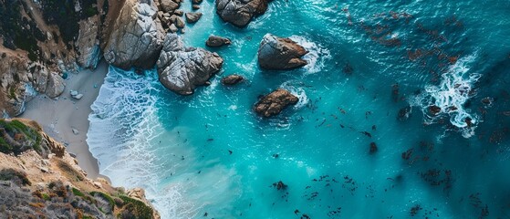 Beautiful aerial view of turquoise water and rocks at the beach - obrazy, fototapety, plakaty
