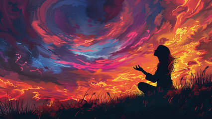 Digital Art of Spiritual Connection: Woman Praying under Vibrant Sky
