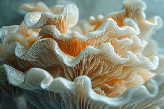 A photograph of the intricate folds of a mushroom gill, echoing the waves of an unseen ocean.