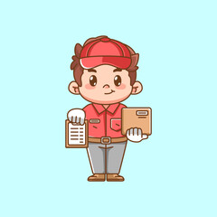 Cute male courier receipt note package delivery kawaii chibi character mascot illustration outline style design