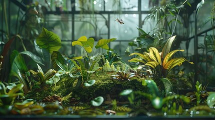 An intricate closed ecological system with a miniature ecosystem of plants, insects, and small animals thriving in a controlled environment,
