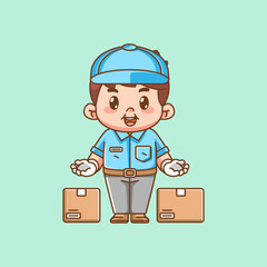 Cute welcome male courier package delivery kawaii chibi character mascot illustration outline style design