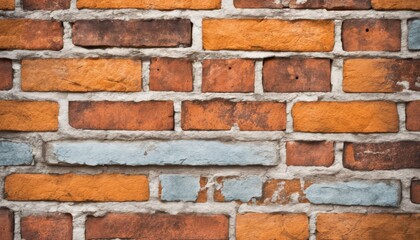 Detailed texture of a multicolored brick wall, with varying shades of orange and blue, perfect for background and design use. AI Generation
