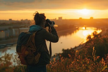 Back view of the photographer with backpack taking urban landscape with camera on tripod from hill. City, river, bridge during beautiful sunset. Hobby, active lifestyle, travel, people concept