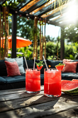 summer watermelon cocktails with straws on the table. smoothie, slash, juice. summer soft drink