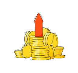Money with up arrow. Doodle gold coins stacks with arrow sign. Concept of cost graph, stocks price and rate changes, profit money, vector sketch illustration