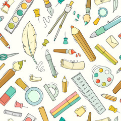 Seamless pattern with school and office stationery. Education concept background with study supplies, pencils, pen, ruler, eraser, paints and brush, vector cartoon illustration - obrazy, fototapety, plakaty
