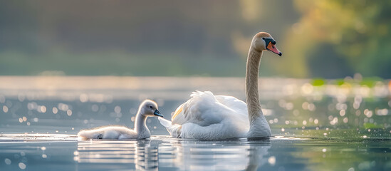 Swan and Cygnet: Swans are graceful aquatic birds known for their long necks and elegant movements. Cygnets are the young of swans, hatched from eggs after an incubation period of around six weeks  - obrazy, fototapety, plakaty