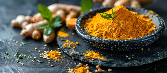 Turmeric (Curcuma longa) is a vibrant yellow root commonly used as a spice and medicinal herb in traditional Ayurvedic and Chinese medicine - obrazy, fototapety, plakaty