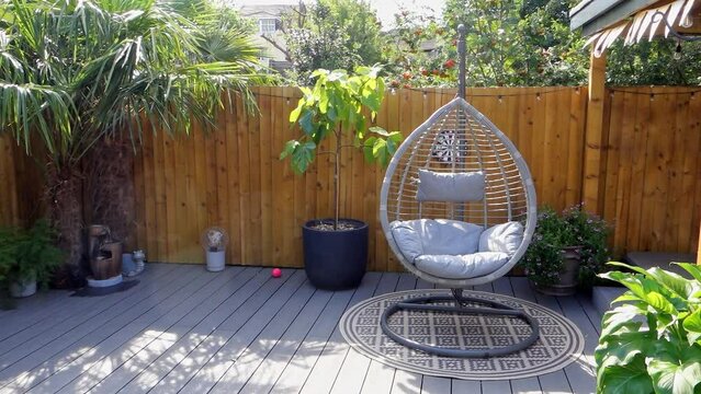 Comfortable swing chair and potted plants in the backyard of the house on a sunny day