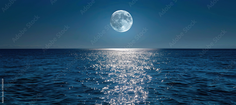 Wall mural full moon rising over a calm ocean, casting a path of shimmering silver on the water surface.