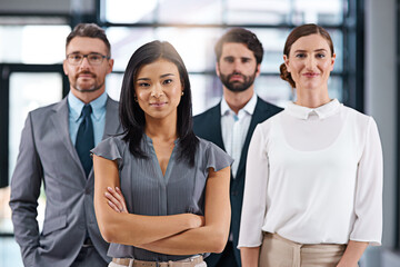 Business people, portrait and woman leadership in office for corporate confidence, arms crossed or professional. Colleagues, face and finance company with investment deal, teamwork or partnership - obrazy, fototapety, plakaty